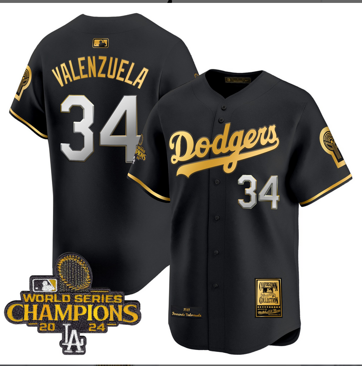 Men MLB Los Angeles Dodgers #34 Valenzuela black 2024 World Series Champions Patch Cooperstown Jersey